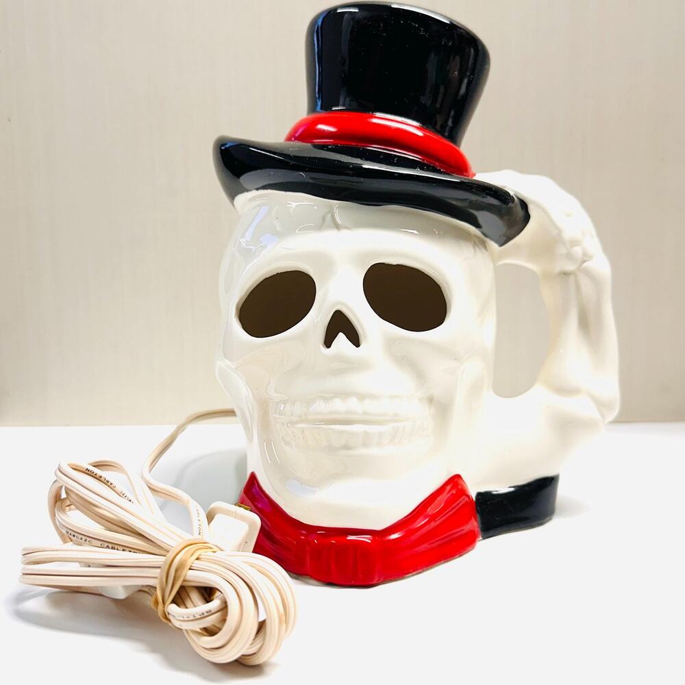 Vintage Skull Lamp Black Top Hat Red Bow Tie Ceramic Halloween Decor Taiwan
